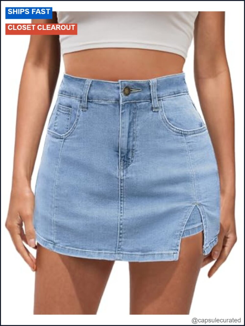 High Waisted Denim Skort with Slit and Pockets